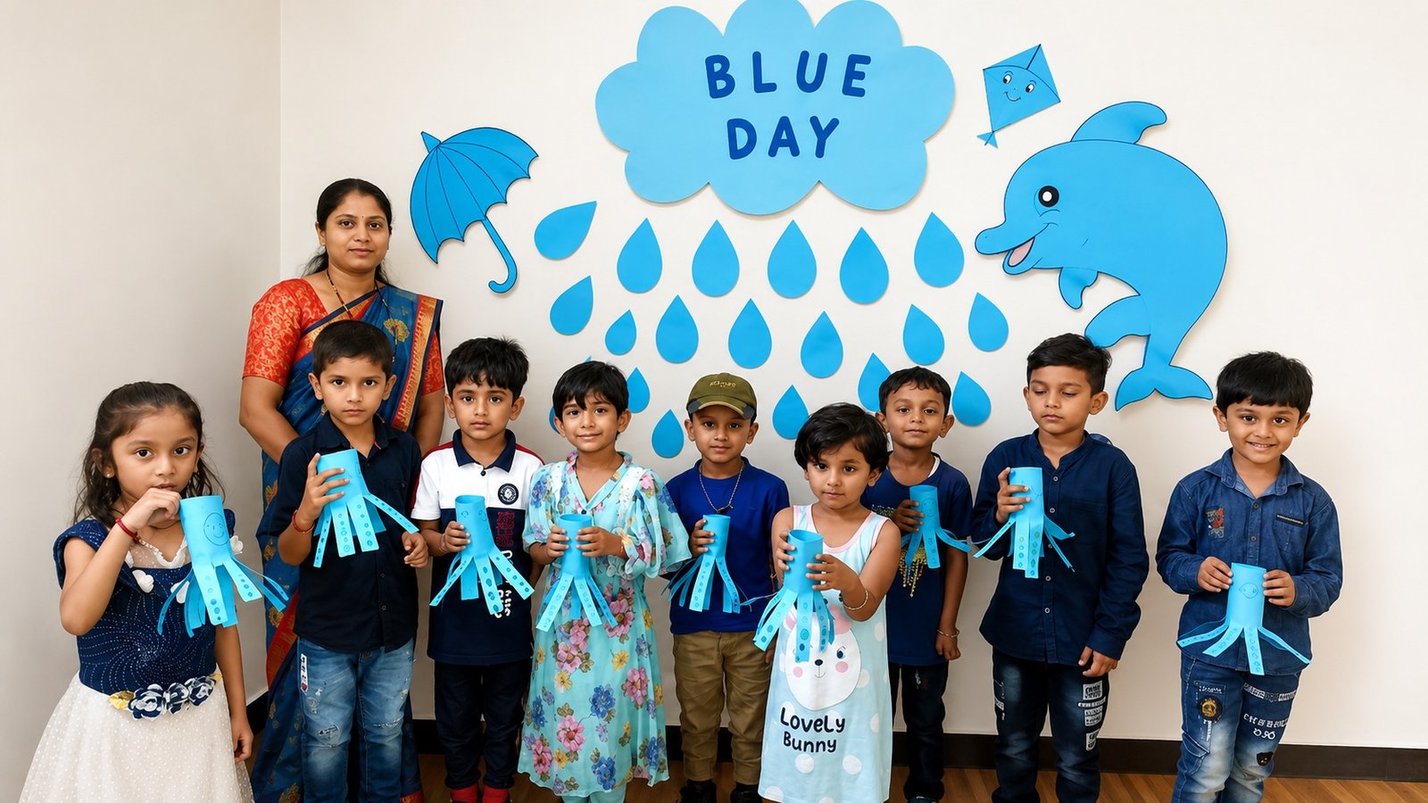 Children and their teacher with octopus crafts for Blue Day at Happy Learning International Preschool