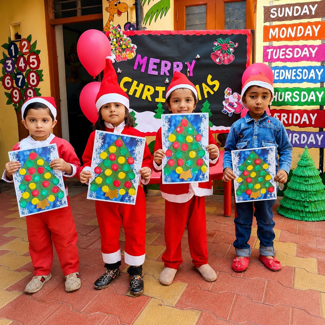 Children in Santa costumes with Christmas tree crafts at Happy Learning International Preschool
