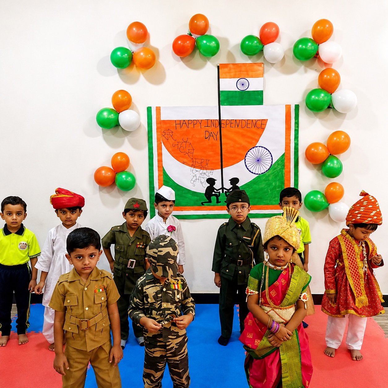 Children dressed as freedom fighters and soldiers for Independence Day at Happy Learning International Preschool