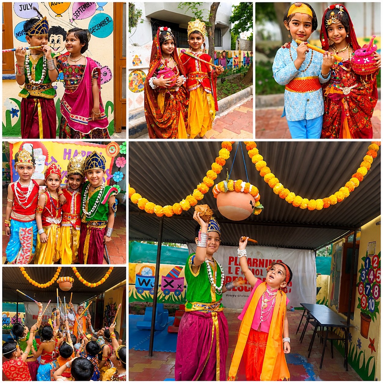 Children celebrating Janmashtami with a dahi handi pot-breaking activity at Happy Learning International Preschool