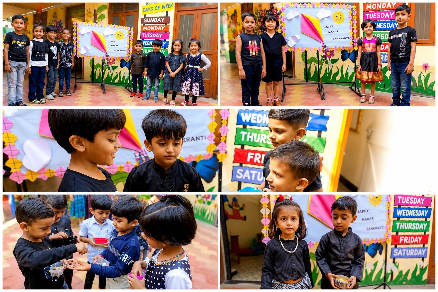 Children celebrating Makar Sankranti with kite decorations and tilgul at Happy Learning International Preschool