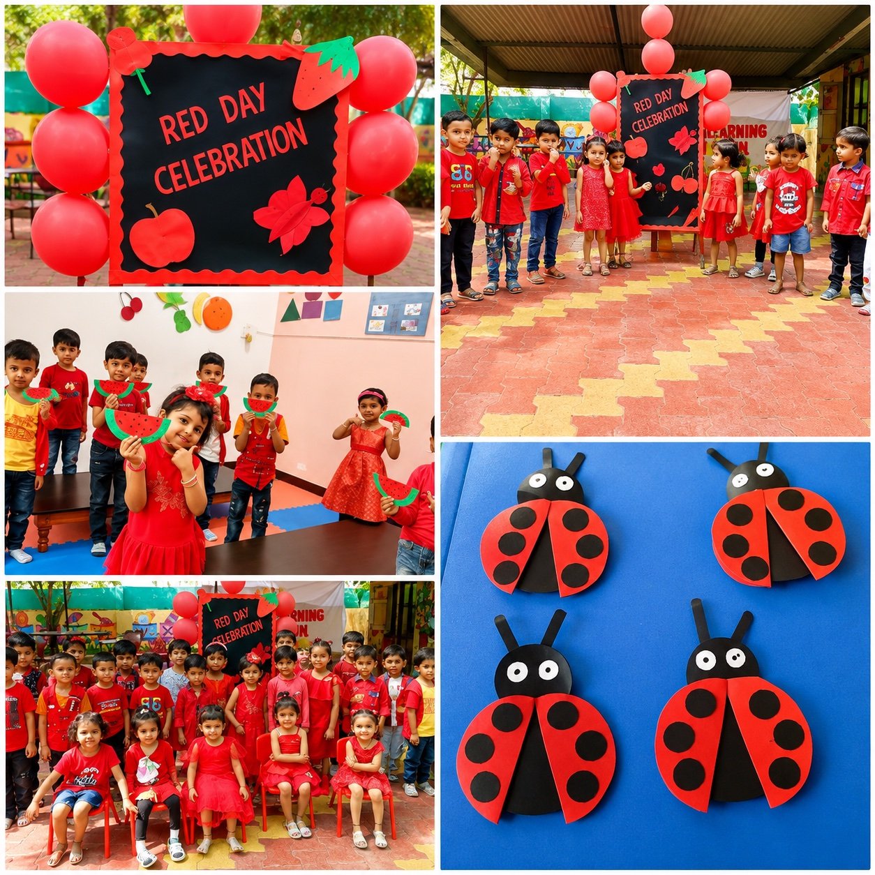 Children celebrating Red Day with red-themed crafts and outfits at Happy Learning International Preschool